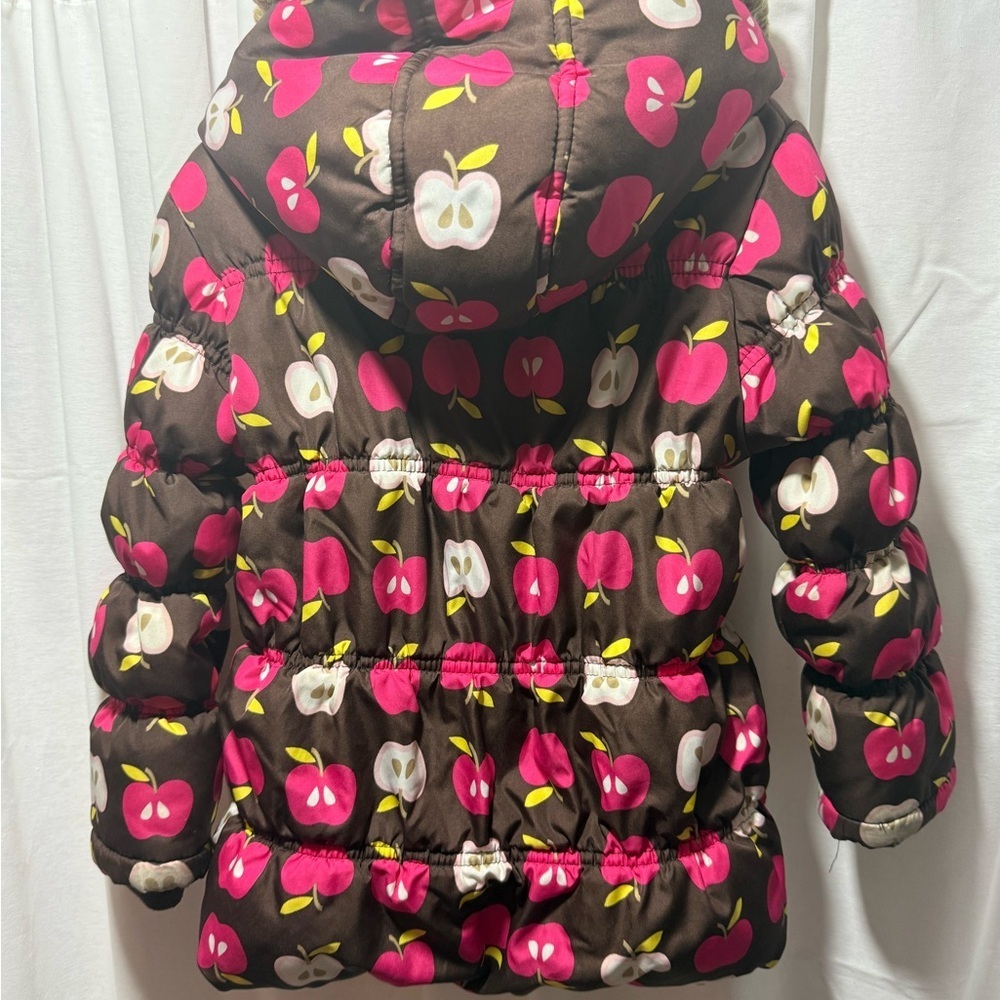 Falls Creek Brown Puffer Coat with Pink and White Apple Print - Picture 3 of 3